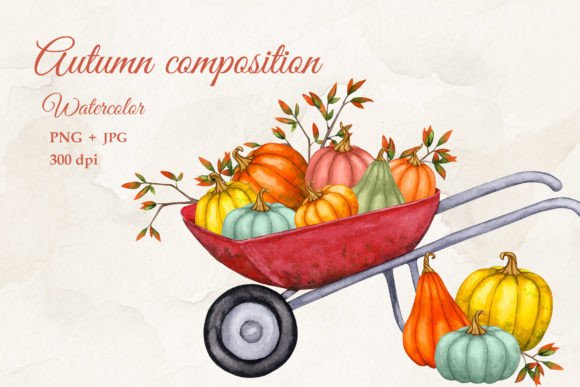 Pumpkins on a Wheelbarrow Watercolor PNG: Autumn Charm for Your Projects